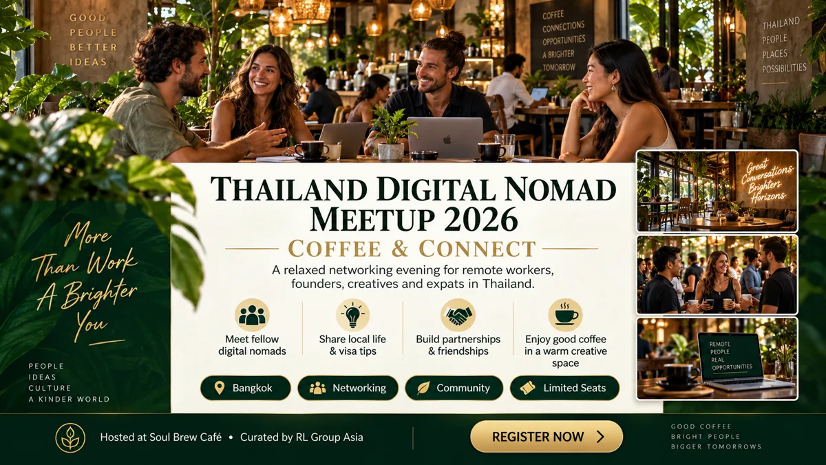 Thailand Digital Nomad Meetup 2026 Coffee & Connect programme poster.
